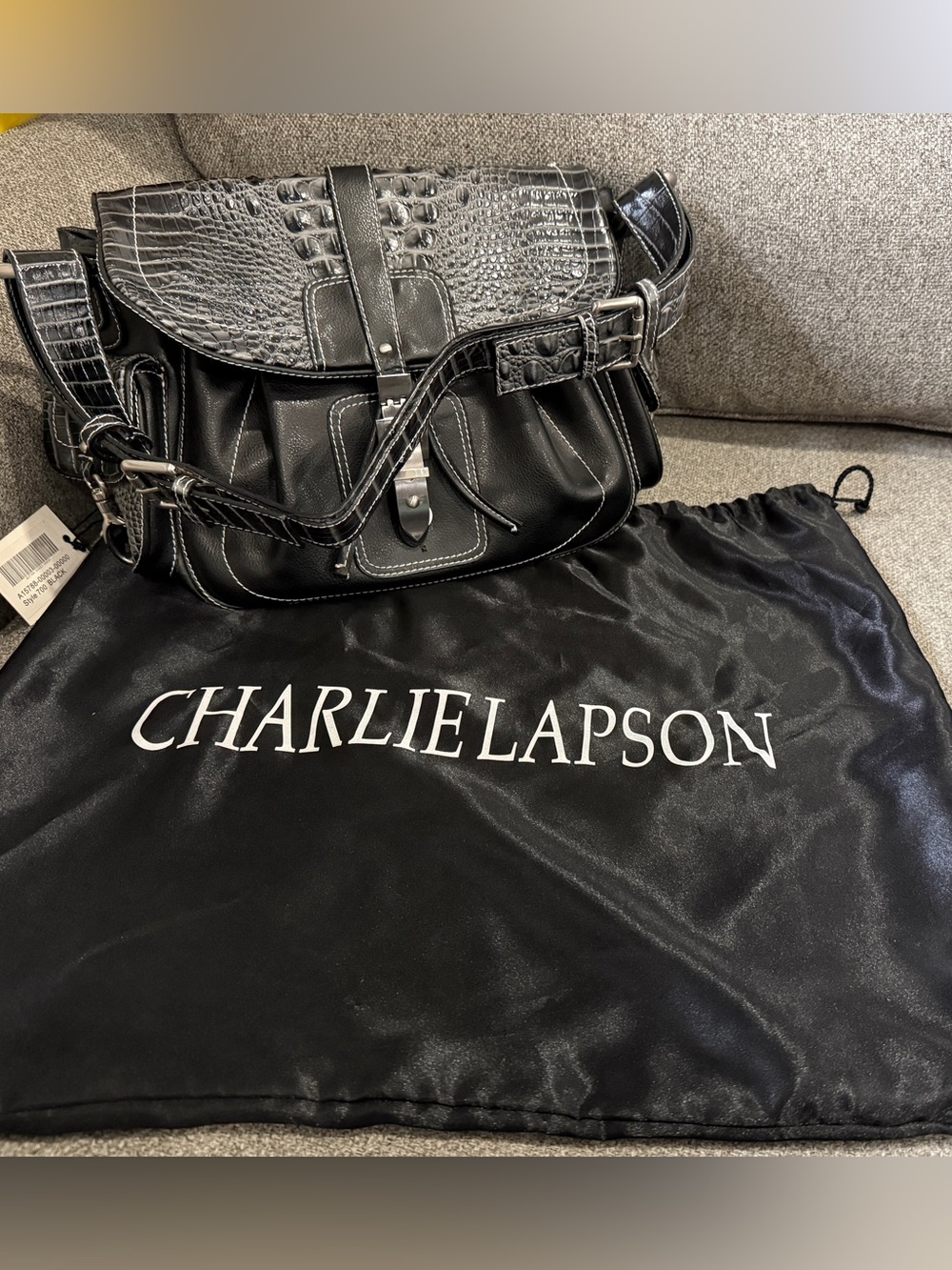 NWT Charlie Lapson Black Crocodile Embossed Leather Shoulder Bag Purse